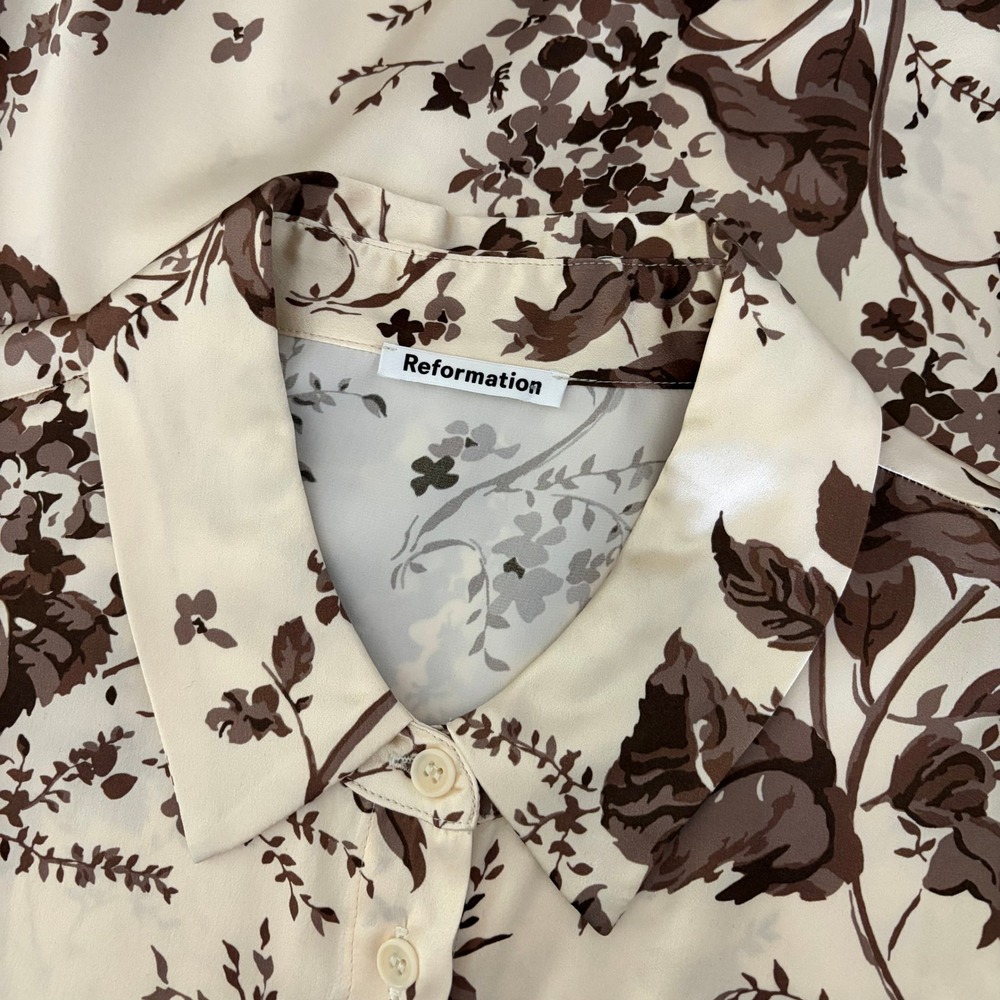 REFORMATION Silk Floral Print Blouse Top Buttondown Cream Brown Chic Large - Picture 13 of 16